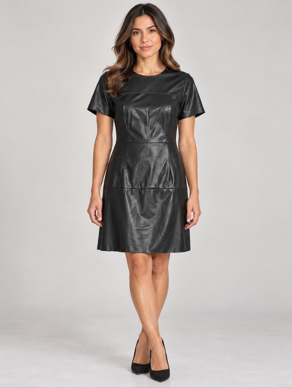 SAKS FIFTH AVENUE | Faux Leather Short Sleeve A-Line Dress Small